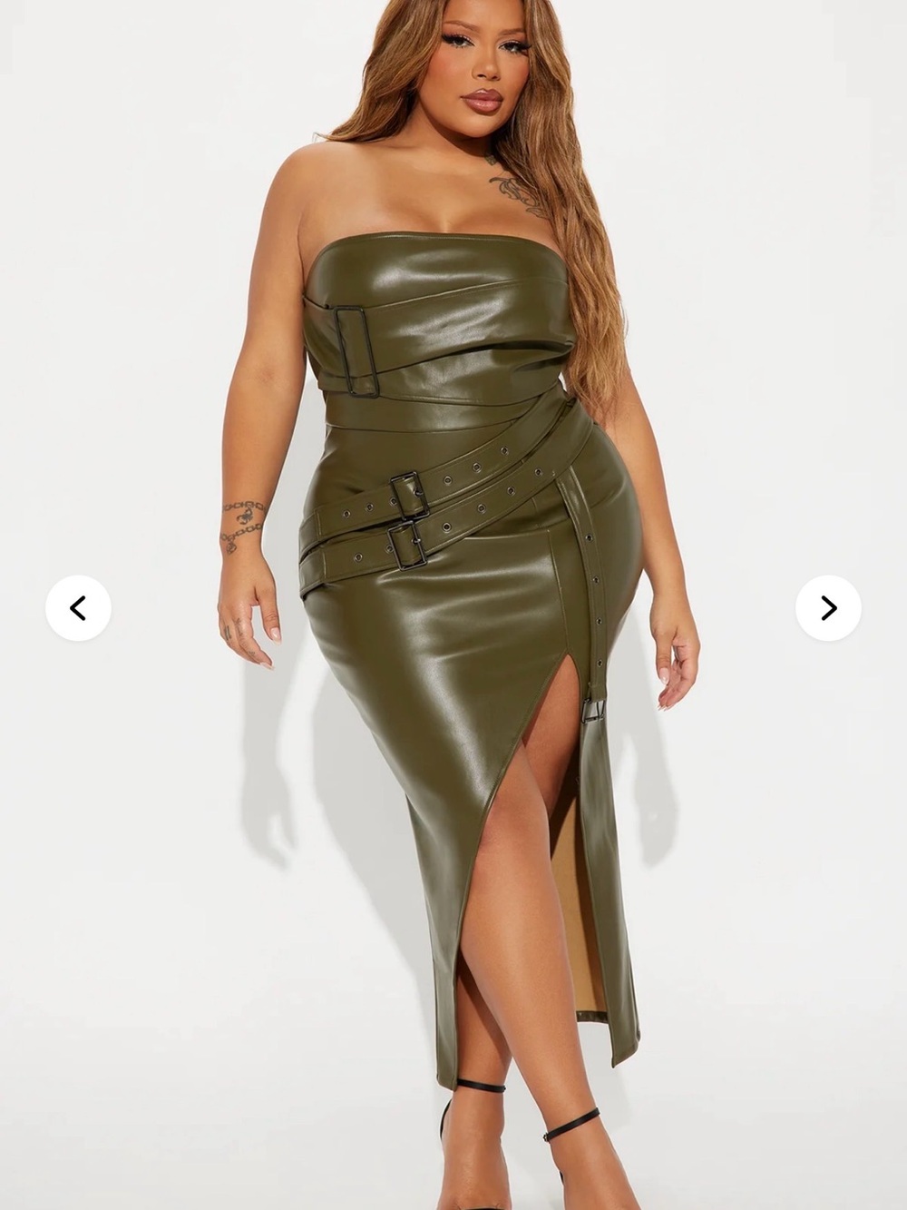 Fashion Nova Strapless Olive Green Faux-Leather Midi Dress with Belt Detail